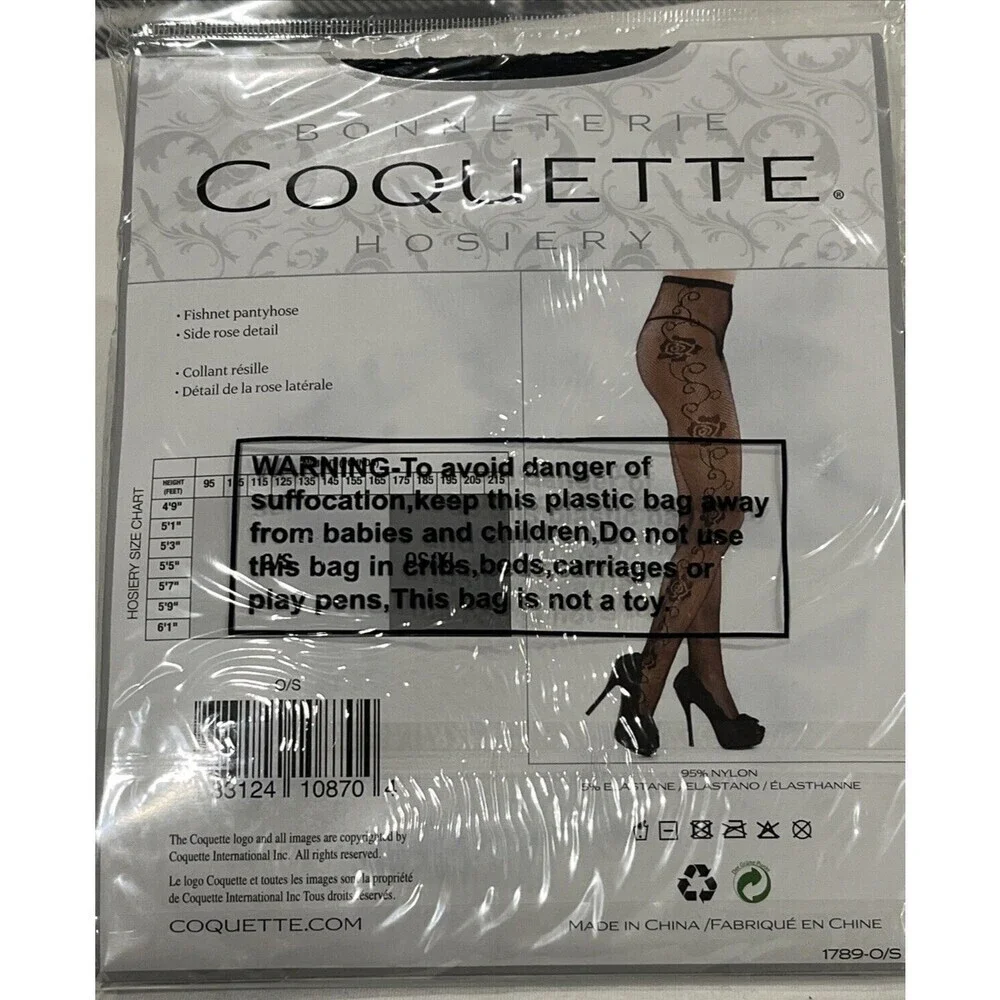 Coquette Bonneterie Hosiery Fishnet Stockings w/ Rose Detail Black One Size NEW